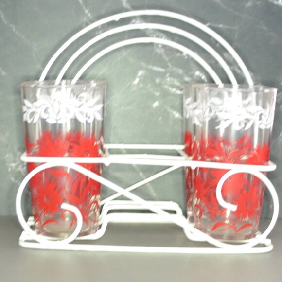Hazel Atlas Ice Tea Set Vintage MCM 4 Glasses White Metal Caddy Drinkware - Picture 2 of 8